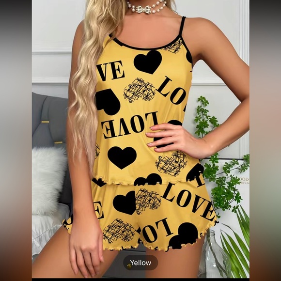 Other - Heart Print Pajama Set, Sleeveless Cami Top & Elastic Waistband Shorts,